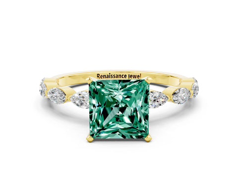 Yellow gold Princess Cut Green Sapphire Ring with Marquise Side Stones and Prong Setting