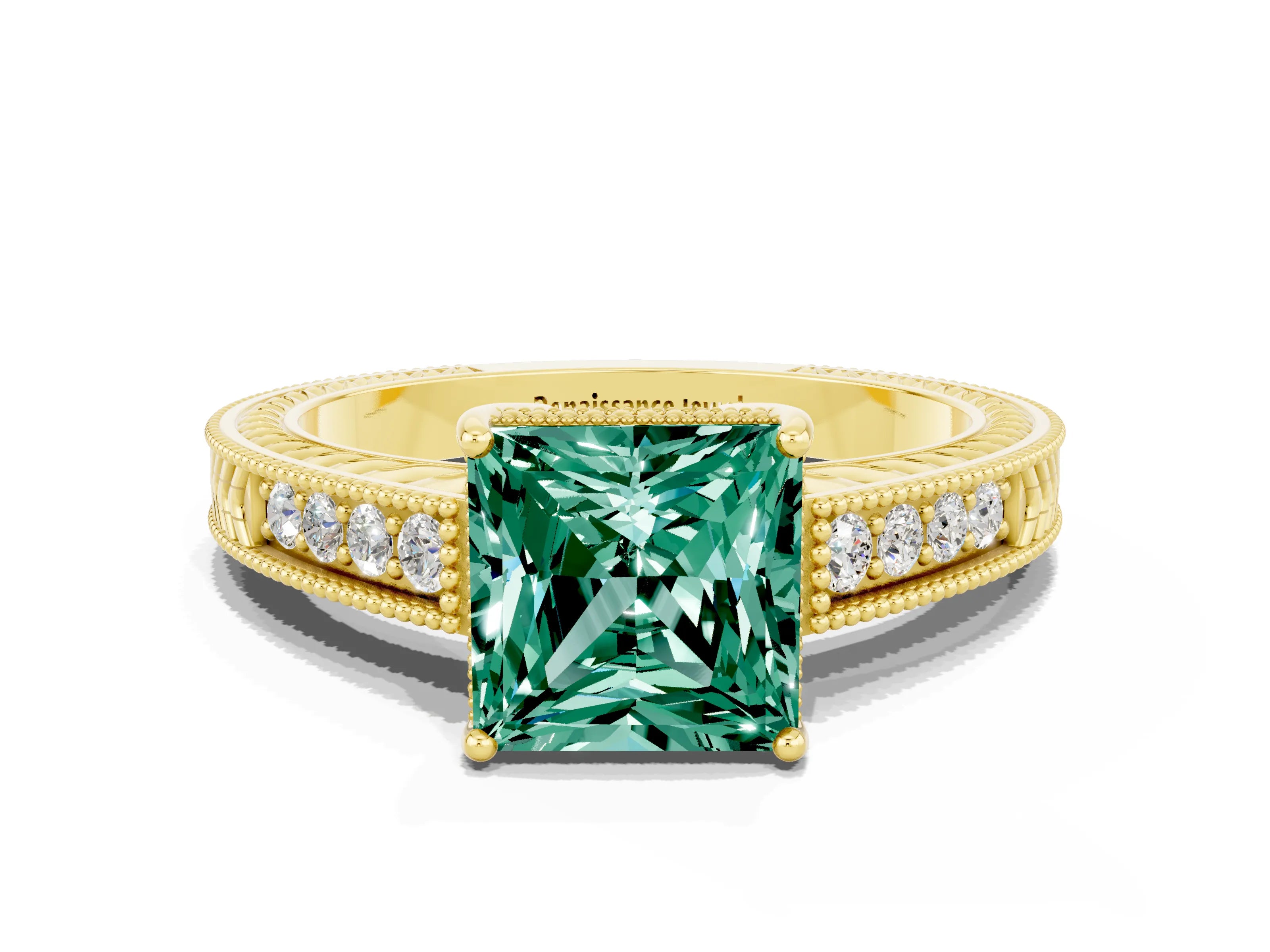 Yellow gold Princess Cut Green Sapphire Ring with Milgrain Pavé Band and Four-Prong Setting_12