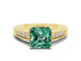 Yellow gold Princess Cut Green Sapphire Ring with Milgrain Pavé Band and Four-Prong Setting_12