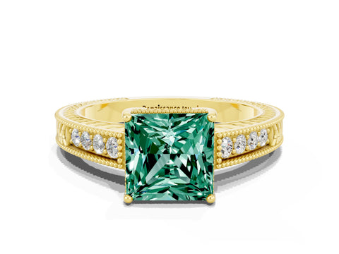 Yellow gold Princess Cut Green Sapphire Ring with Milgrain Pavé Band and Four-Prong Setting_12