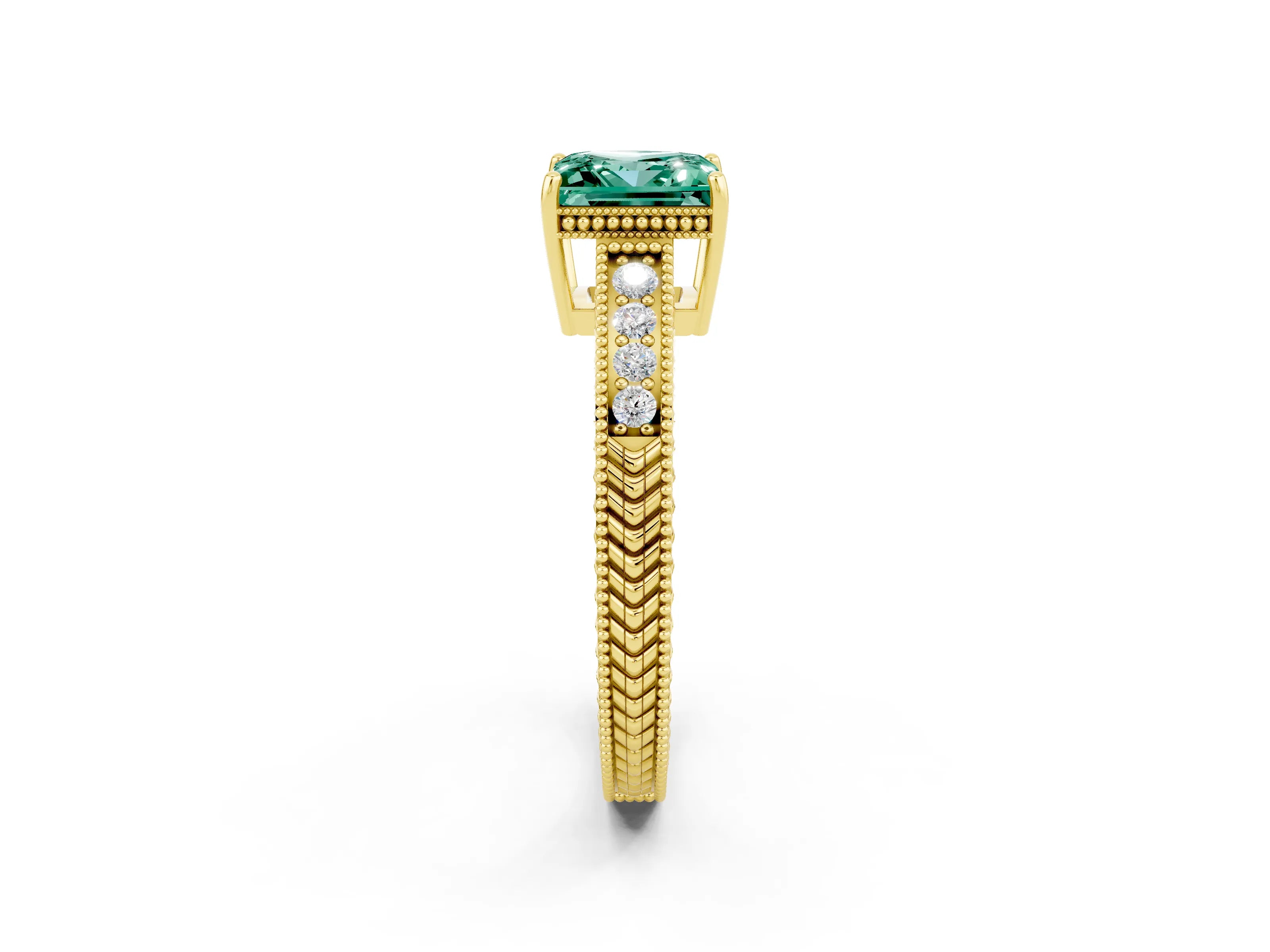 Yellow gold Princess Cut Green Sapphire Ring with Milgrain Pavé Band and Four-Prong Setting_14