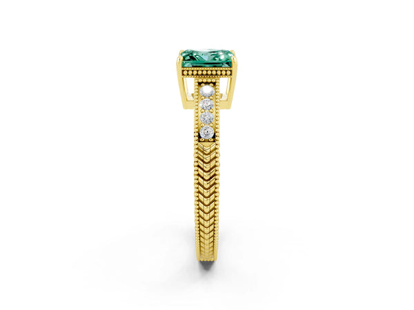 Yellow gold Princess Cut Green Sapphire Ring with Milgrain Pavé Band and Four-Prong Setting