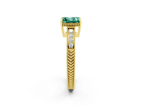 Yellow gold Princess Cut Green Sapphire Ring with Milgrain Pavé Band and Four-Prong Setting_14