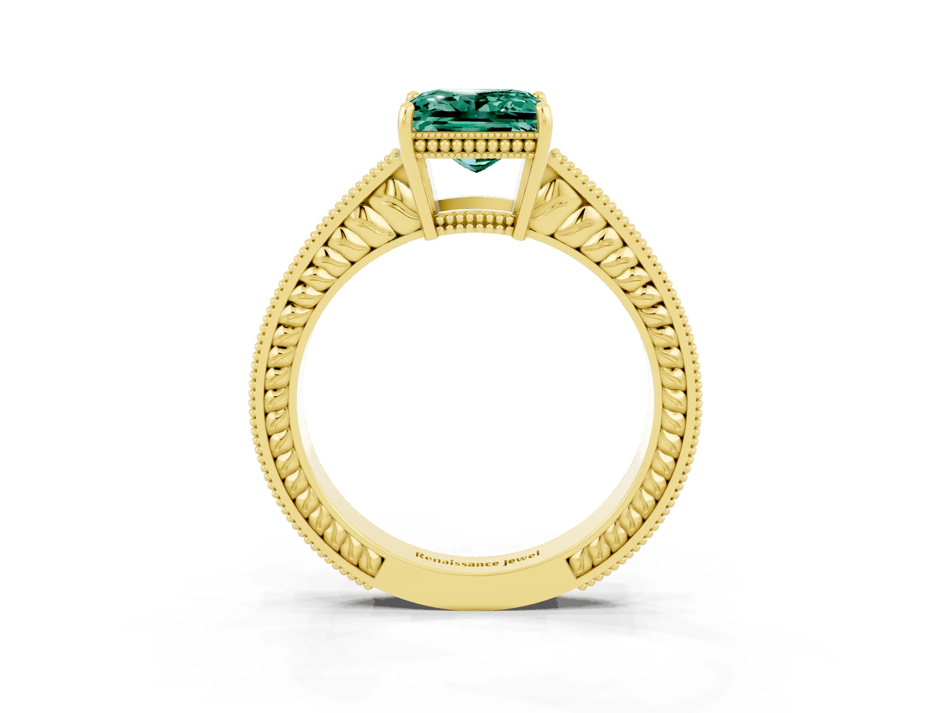 Yellow gold Princess Cut Green Sapphire Ring with Milgrain Pavé Band and Four-Prong Setting_15
