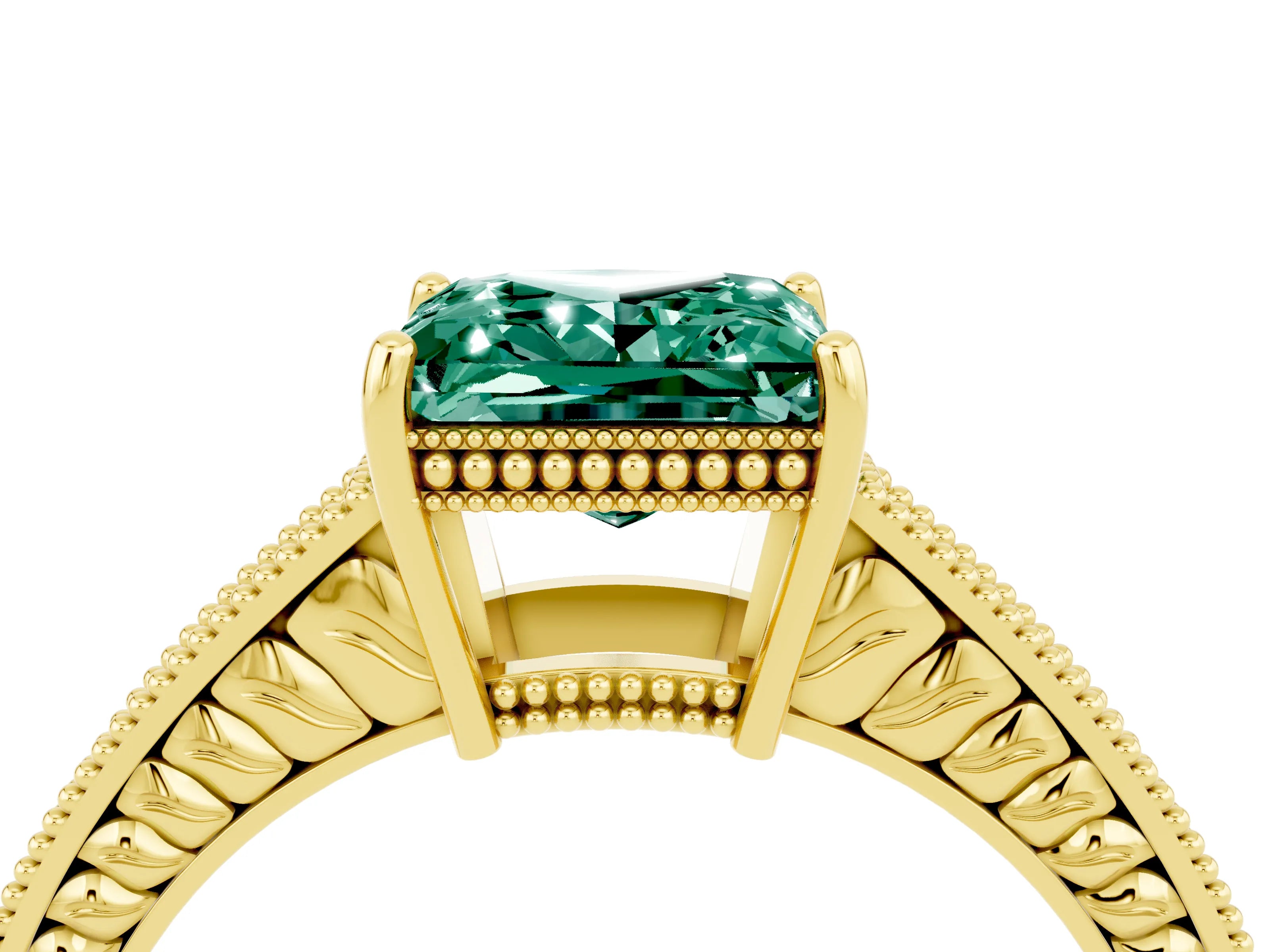 Yellow gold Princess Cut Green Sapphire Ring with Milgrain Pavé Band and Four-Prong Setting_16