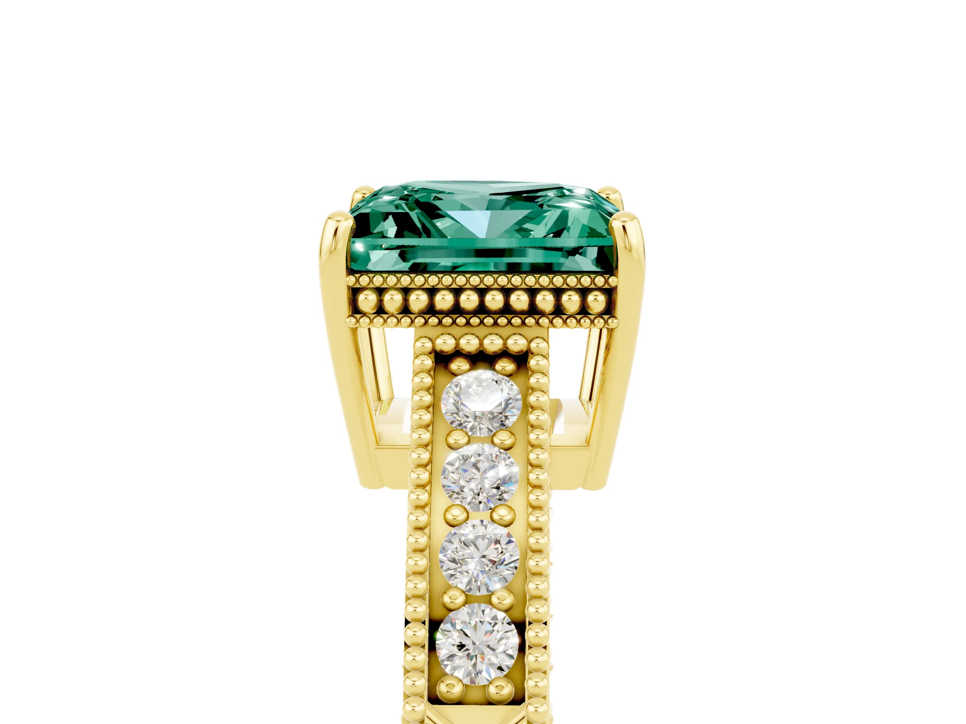 Yellow gold Princess Cut Green Sapphire Ring with Milgrain Pavé Band and Four-Prong Setting_17