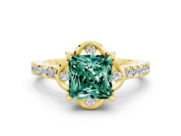 Yellow gold Princess Cut Green Sapphire Ring with Pavé Band and Floral Prong Setting