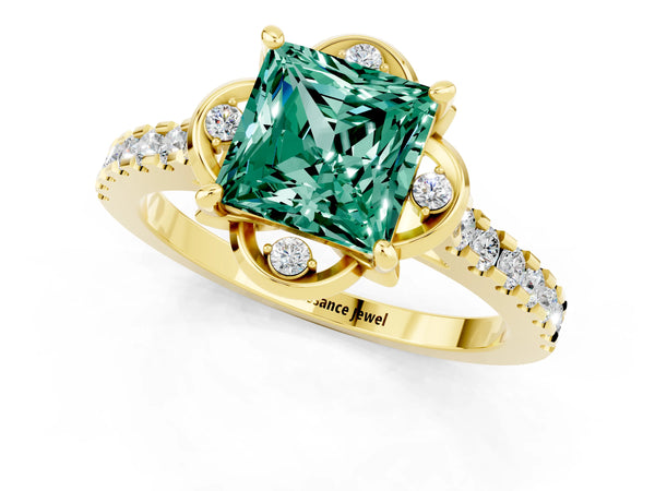 Yellow gold Princess Cut Green Sapphire Ring with Pavé Band and Floral Prong Setting
