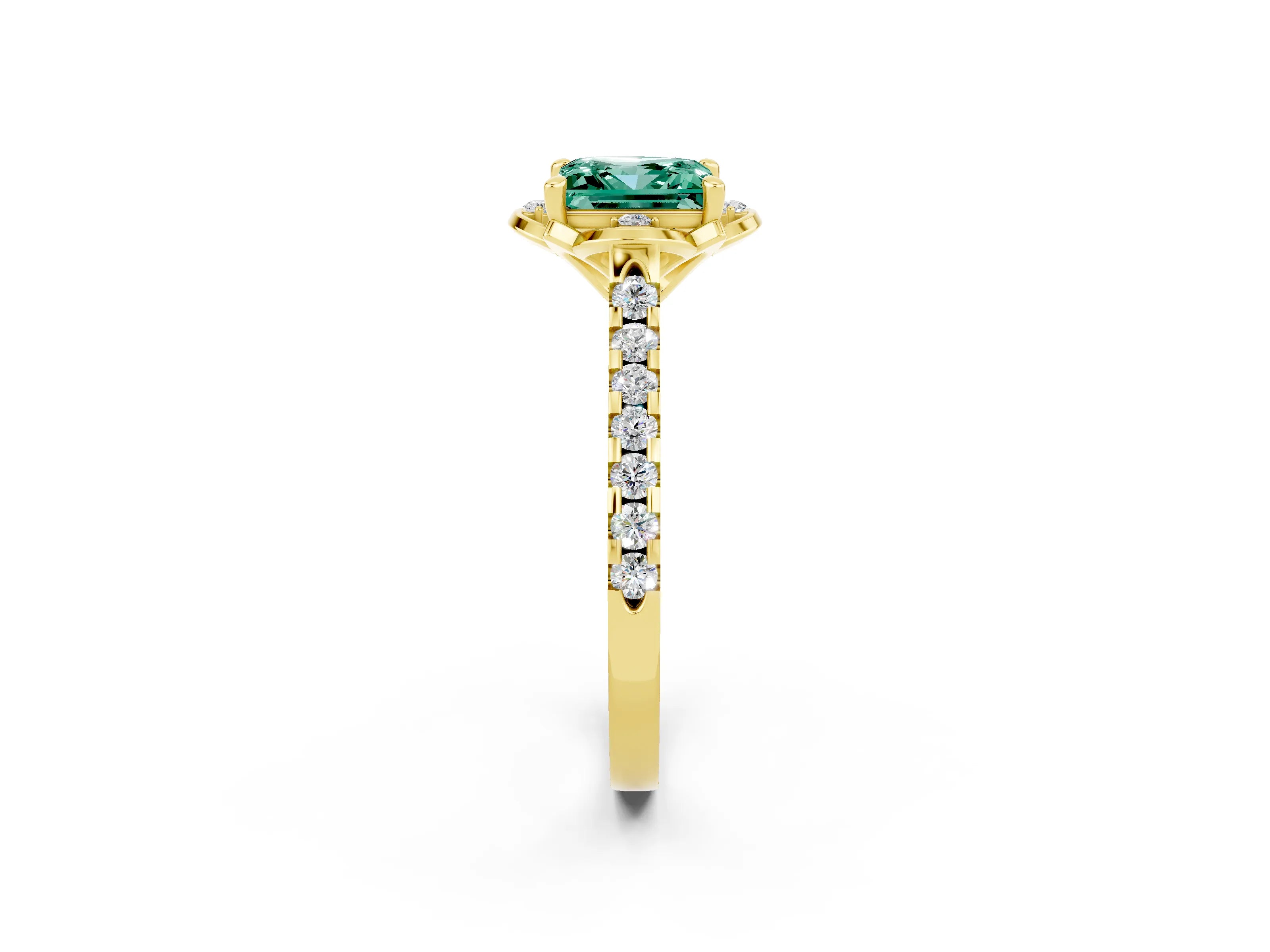 Yellow gold Princess Cut Green Sapphire Ring with Pavé Band and Floral Prong Setting_2