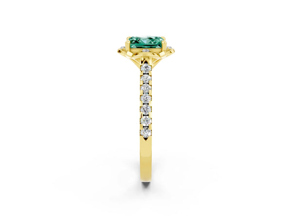 Yellow gold Princess Cut Green Sapphire Ring with Pavé Band and Floral Prong Setting