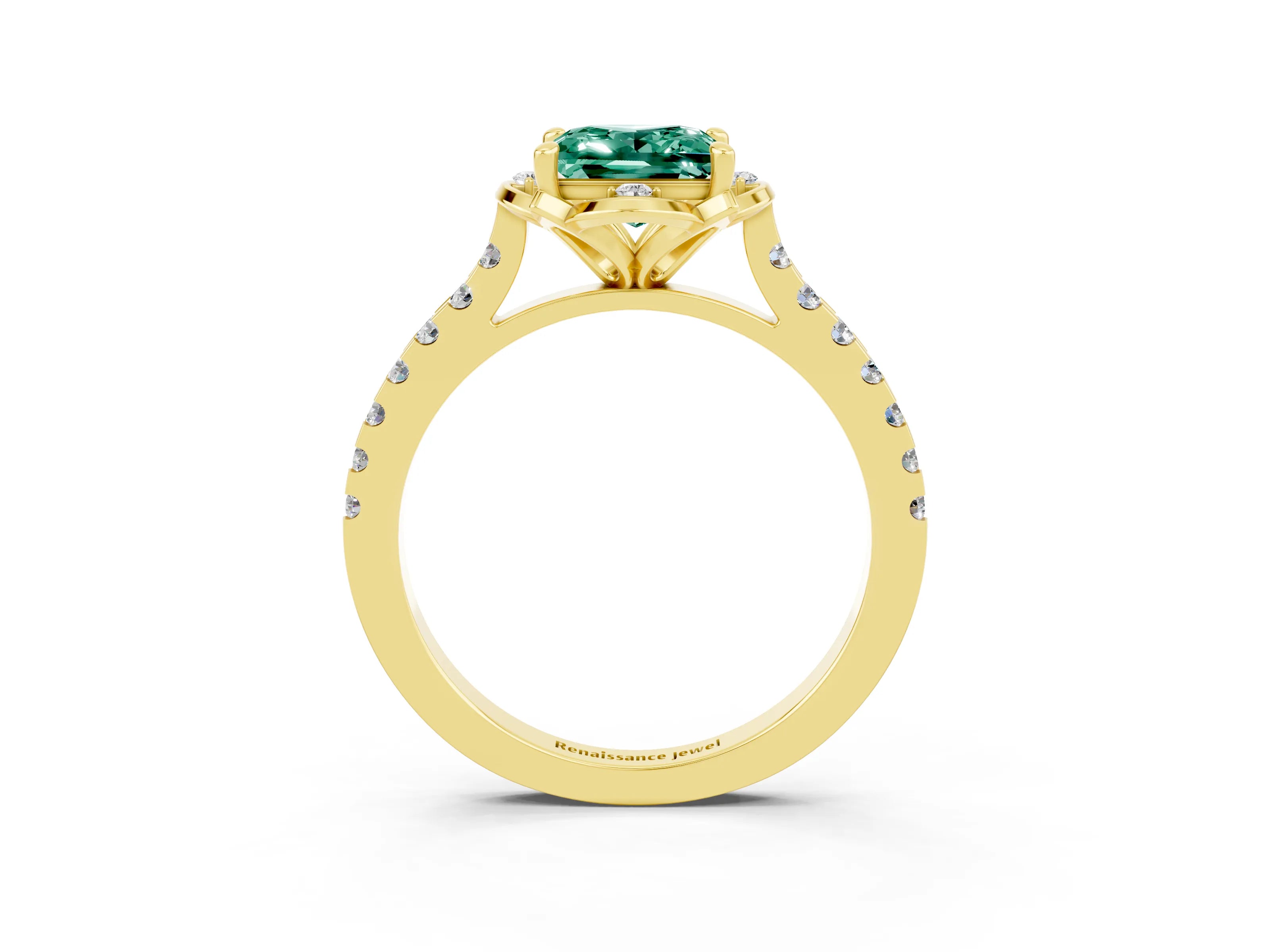 Yellow gold Princess Cut Green Sapphire Ring with Pavé Band and Floral Prong Setting_3