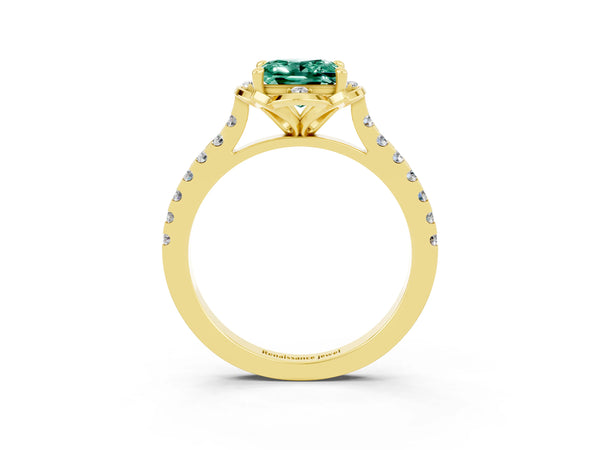 Yellow gold Princess Cut Green Sapphire Ring with Pavé Band and Floral Prong Setting