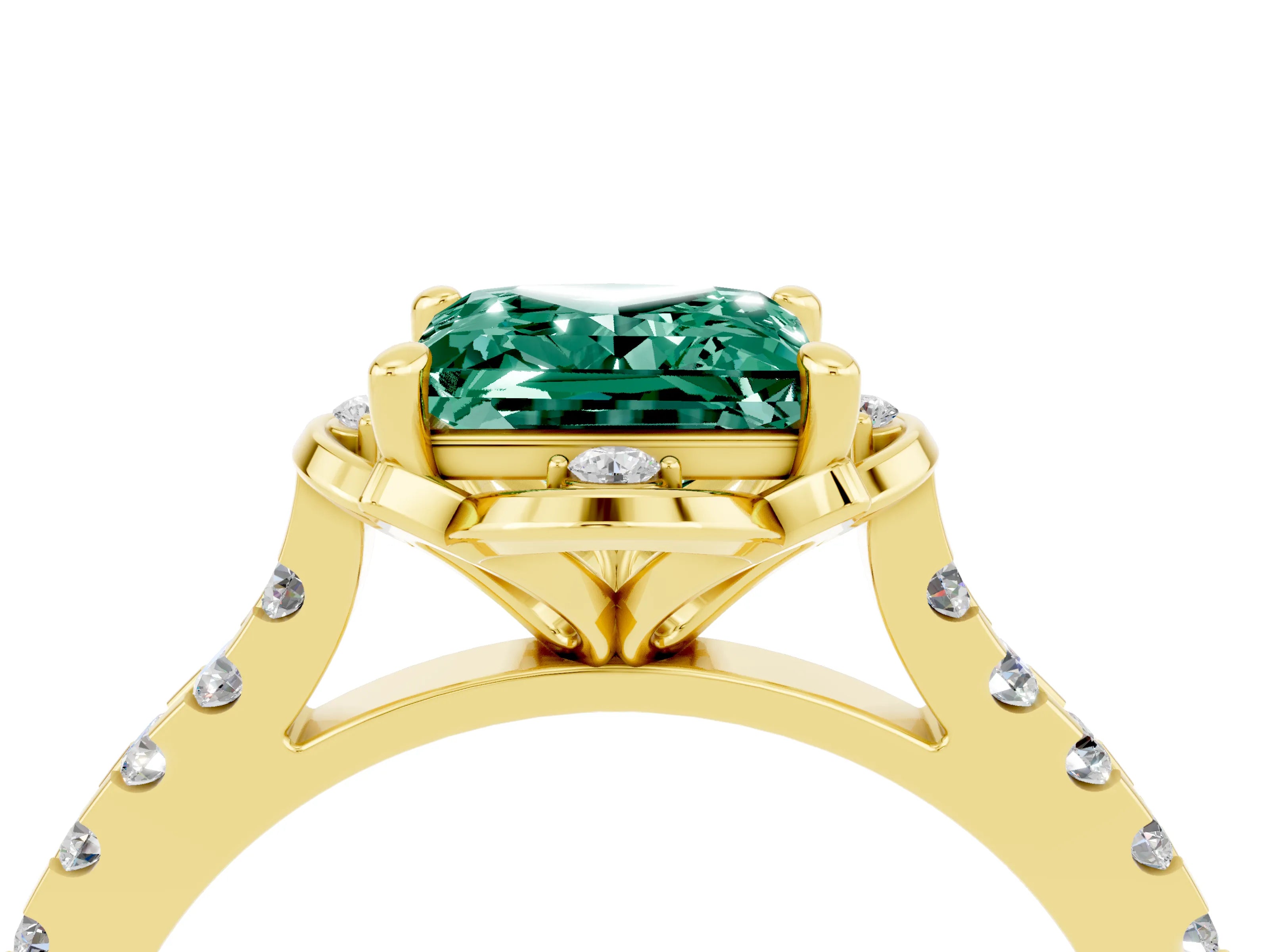 Yellow gold Princess Cut Green Sapphire Ring with Pavé Band and Floral Prong Setting_4