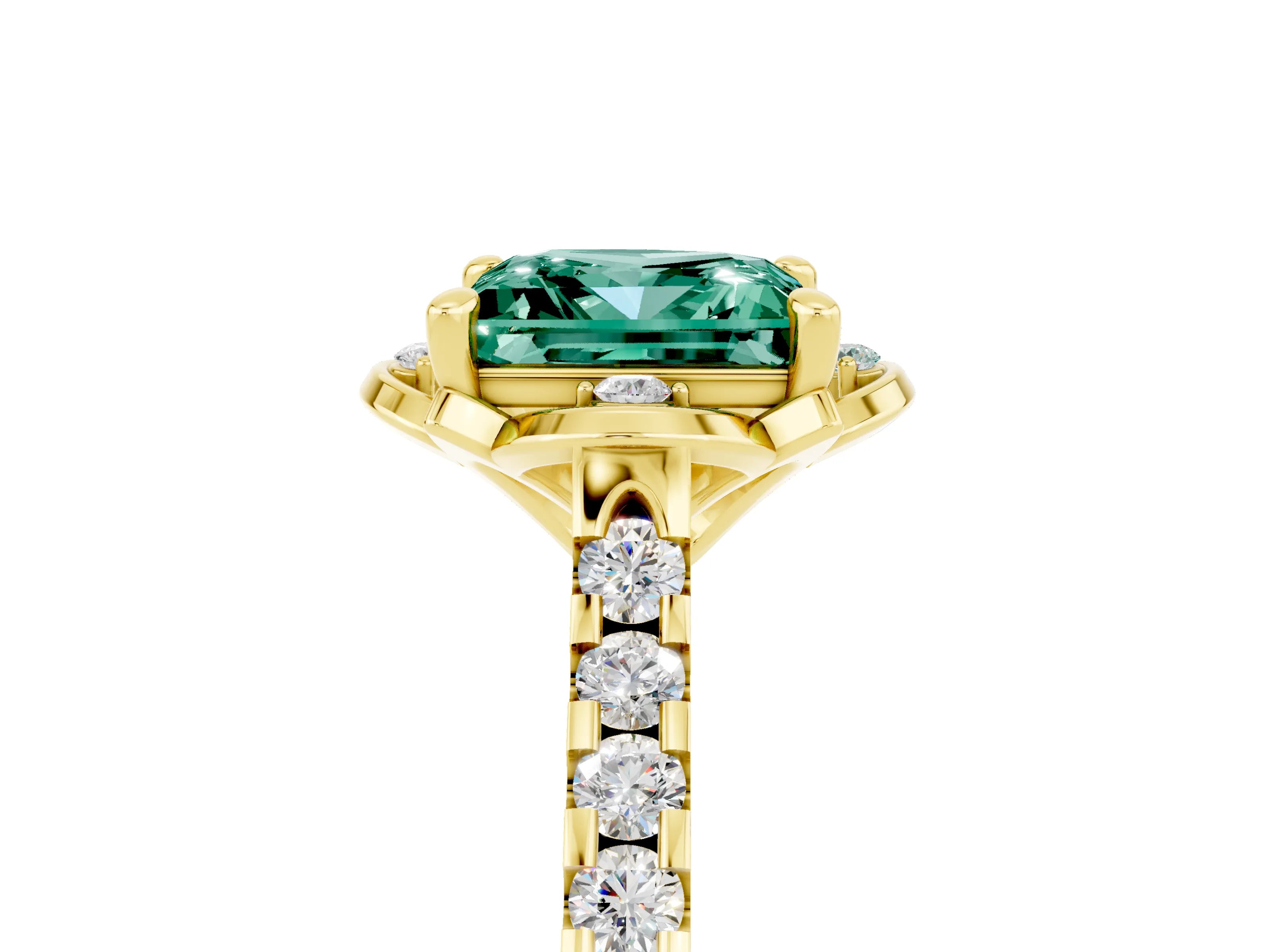 Yellow gold Princess Cut Green Sapphire Ring with Pavé Band and Floral Prong Setting_5