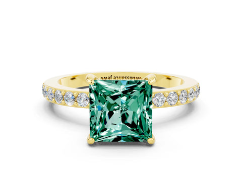 Yellow gold Princess Cut Green Sapphire Ring with Pavé Band and Four-Prong Setting
