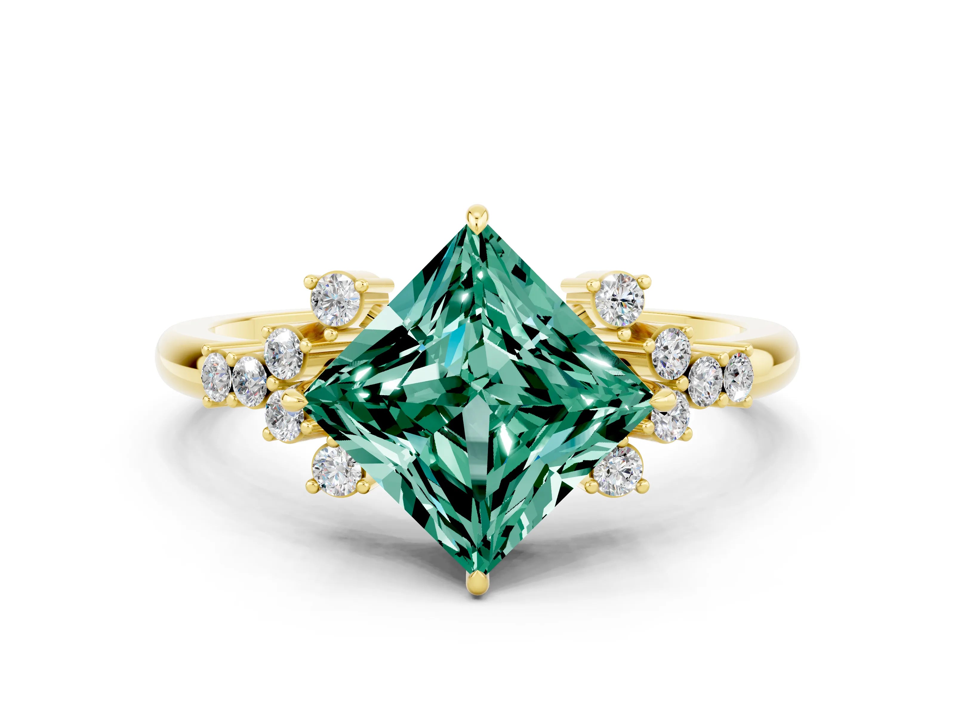 Yellow gold Princess Cut Green Sapphire Ring with Side Stones and Four-Prong Setting_36