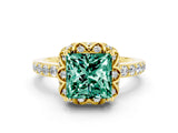 Yellow gold Princess Cut Green Sapphire Scalloped Halo Engagement Ring with Round Shared Prong Band_12