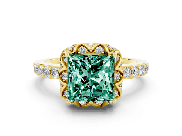 Yellow gold Princess Cut Green Sapphire Scalloped Halo Engagement Ring with Round Shared Prong Band