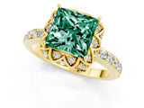 Yellow gold Princess Cut Green Sapphire Scalloped Halo Engagement Ring with Round Shared Prong Band_13