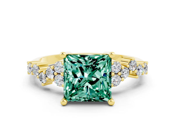 Yellow gold Princess Cut Green Sapphire Scattered Round Accent Ring with Prong Setting