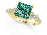 Yellow gold Princess Cut Green Sapphire Scattered Round Accent Ring with Prong Setting_13