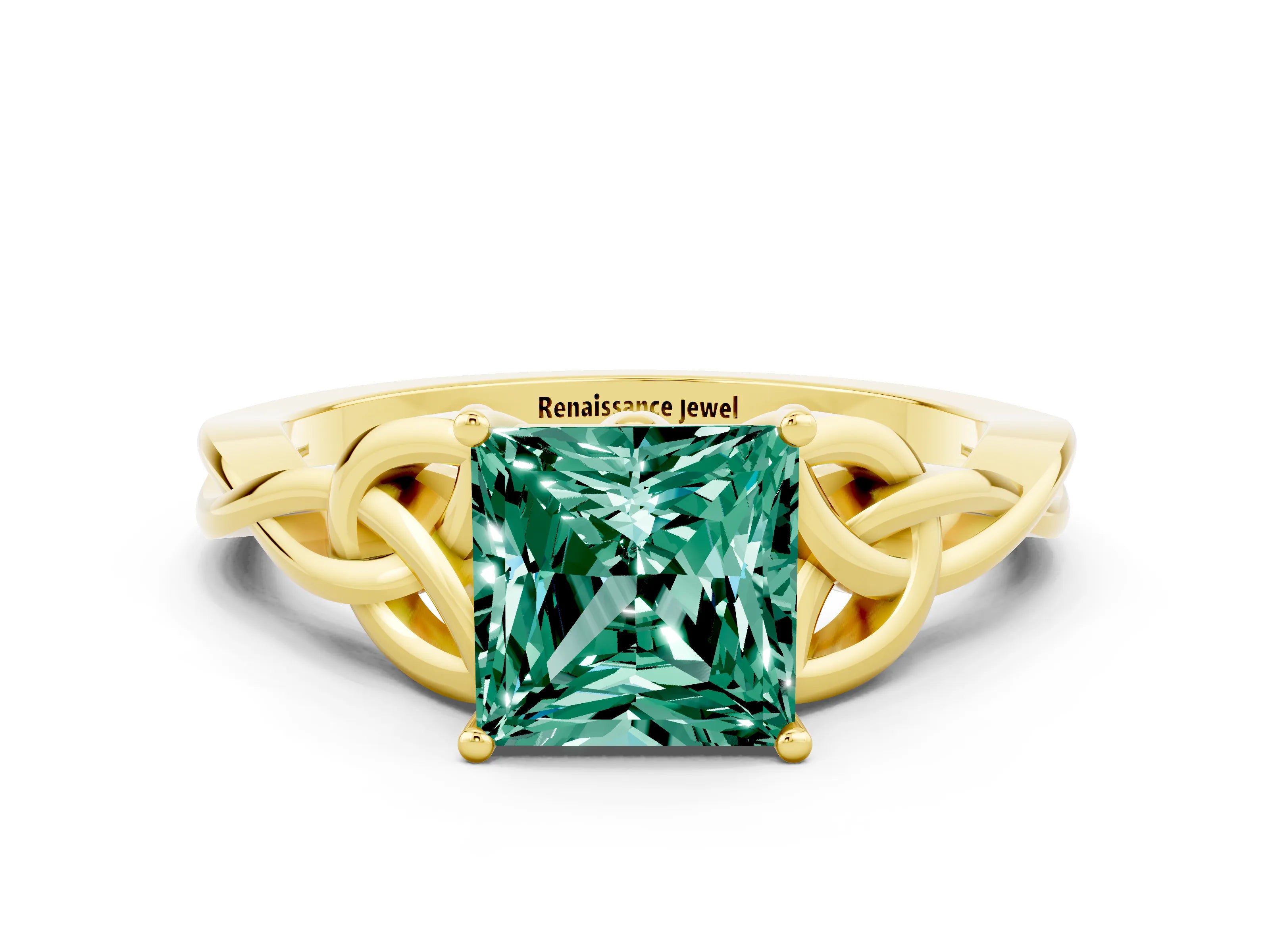 Yellow gold Princess Cut Green Sapphire Solitaire Celtic Knot Ring with Four-Prong Setting_12