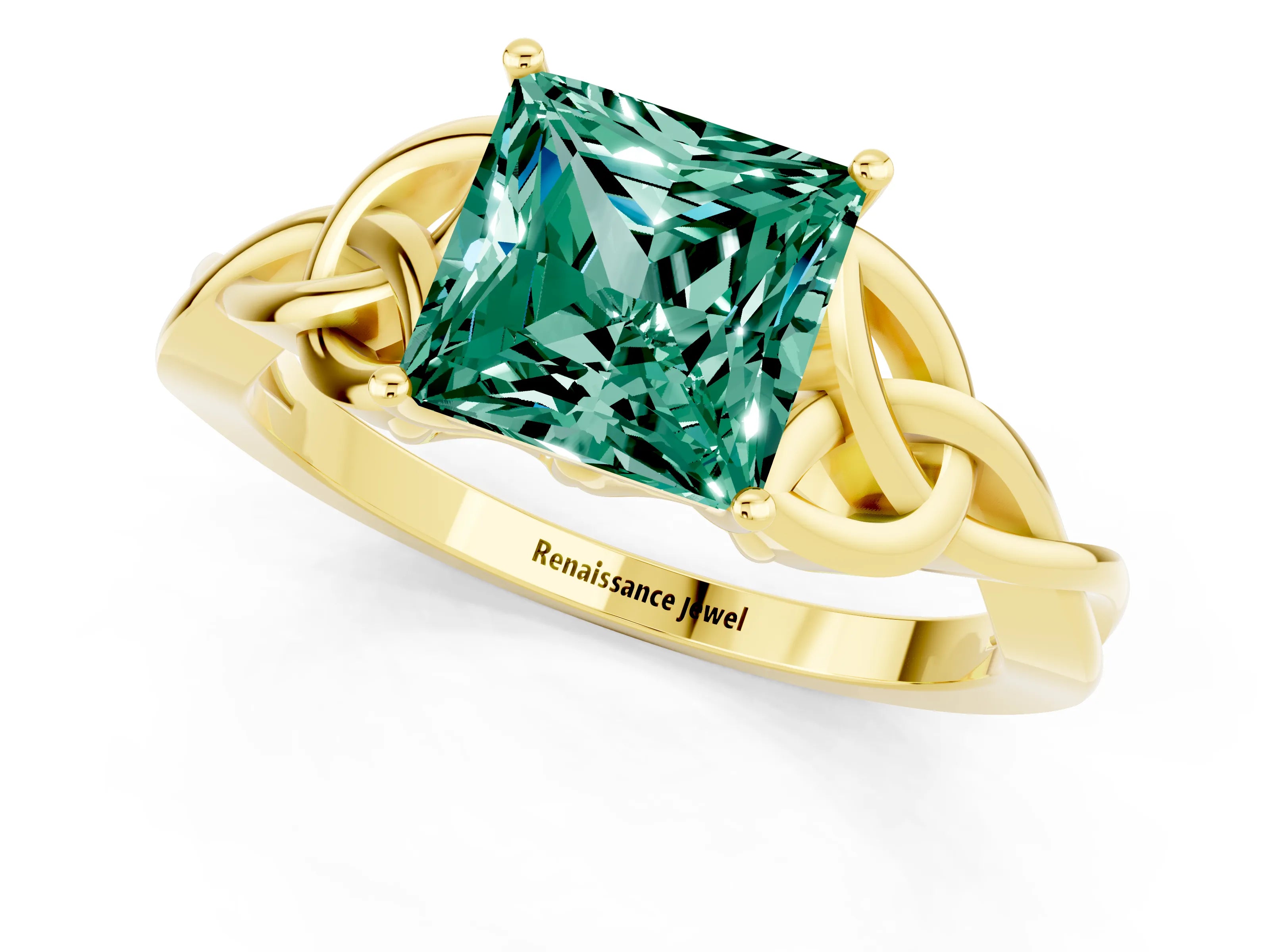 Yellow gold Princess Cut Green Sapphire Solitaire Celtic Knot Ring with Four-Prong Setting_13