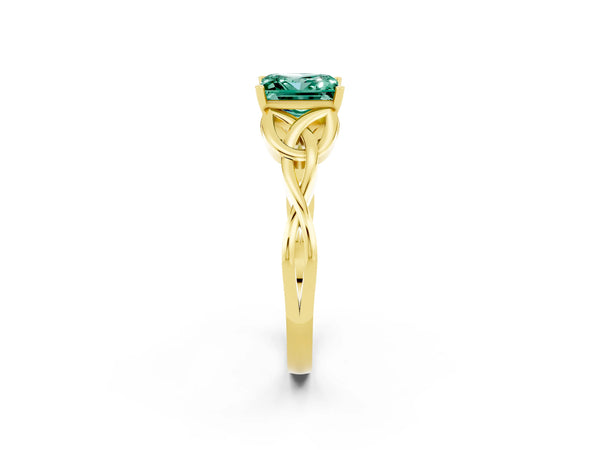 Yellow gold Princess Cut Green Sapphire Solitaire Celtic Knot Ring with Four-Prong Setting