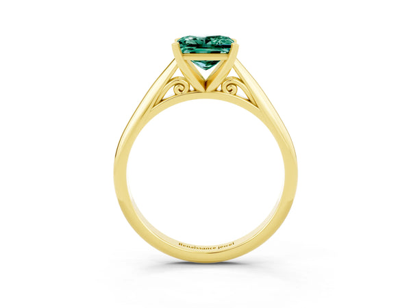 Yellow gold Princess Cut Green Sapphire Solitaire Engagement Ring with Cathedral Setting and Four-Prong Mount