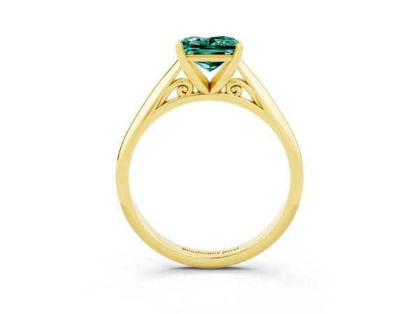 Yellow gold Princess Cut Green Sapphire Solitaire Engagement Ring with Cathedral Setting and Four-Prong Mount