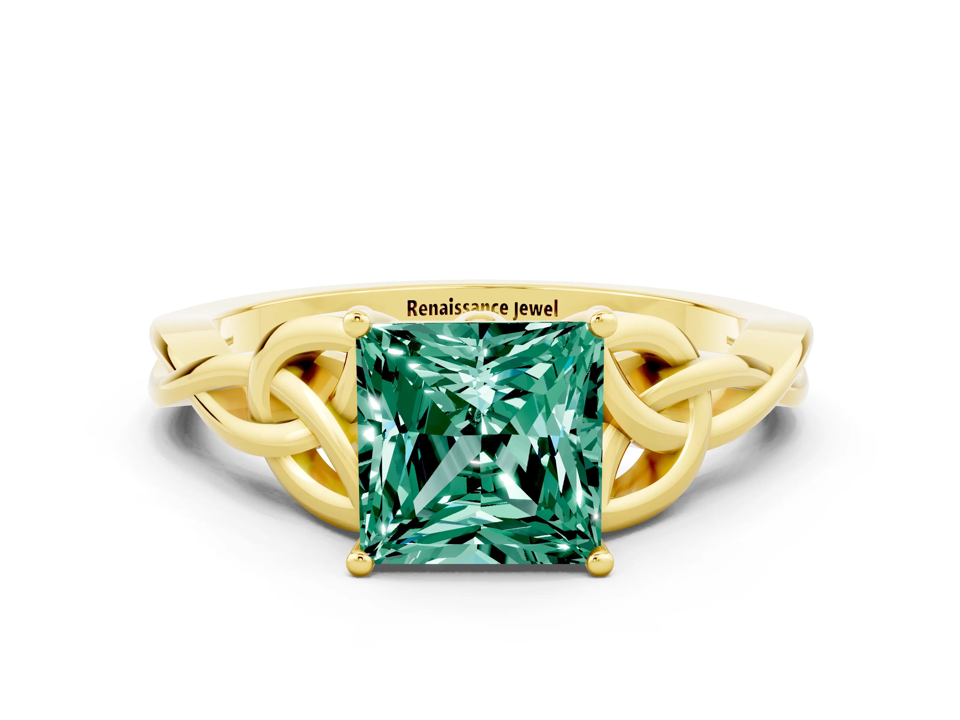 Yellow gold Princess Cut Green Sapphire Solitaire Engagement Ring with Celtic Knot Band and Four-Prong Setting
