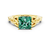 Yellow gold Princess Cut Green Sapphire Solitaire Engagement Ring with Celtic Knot Band and Four-Prong Setting