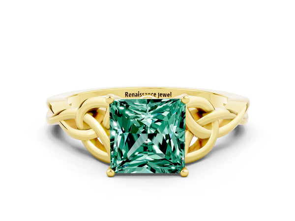 Yellow gold Princess Cut Green Sapphire Solitaire Engagement Ring with Celtic Knot Band and Four-Prong Setting