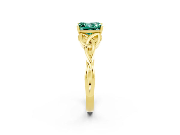 Yellow gold Princess Cut Green Sapphire Solitaire Engagement Ring with Celtic Knot Band and Four-Prong Setting