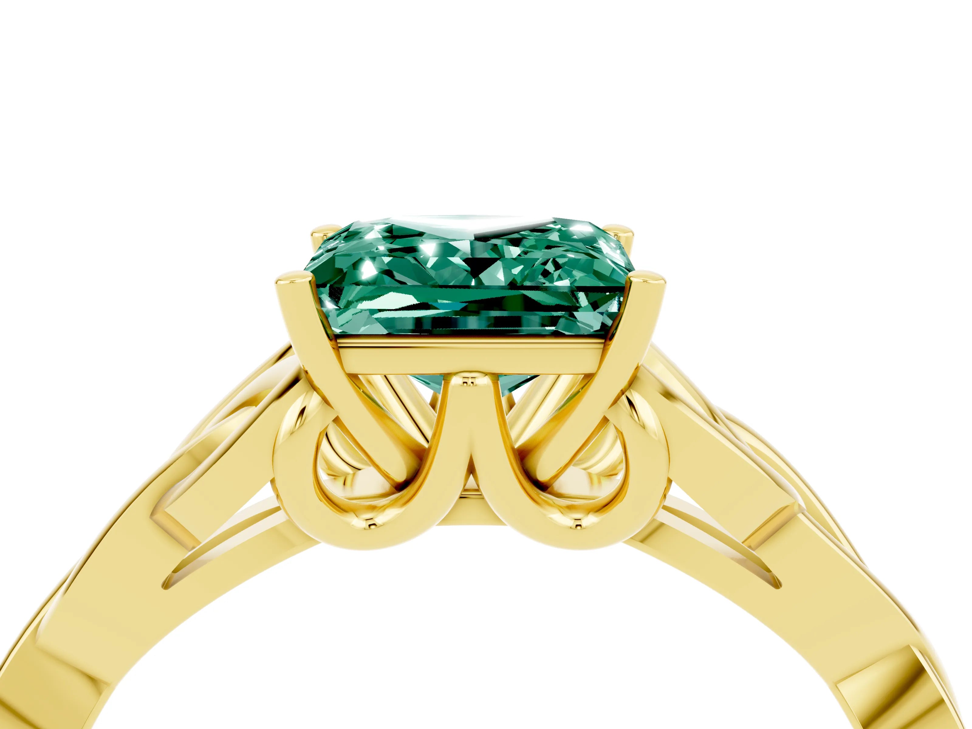 Yellow gold Princess Cut Green Sapphire Solitaire Engagement Ring with Celtic Knot Band and Four-Prong Setting_4