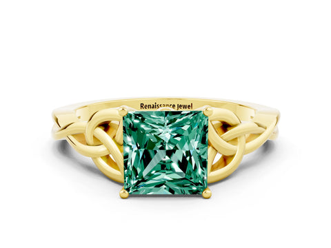 Yellow gold Princess Cut Green Sapphire Solitaire Engagement Ring with Celtic Knot Band and Four-Prong Setting