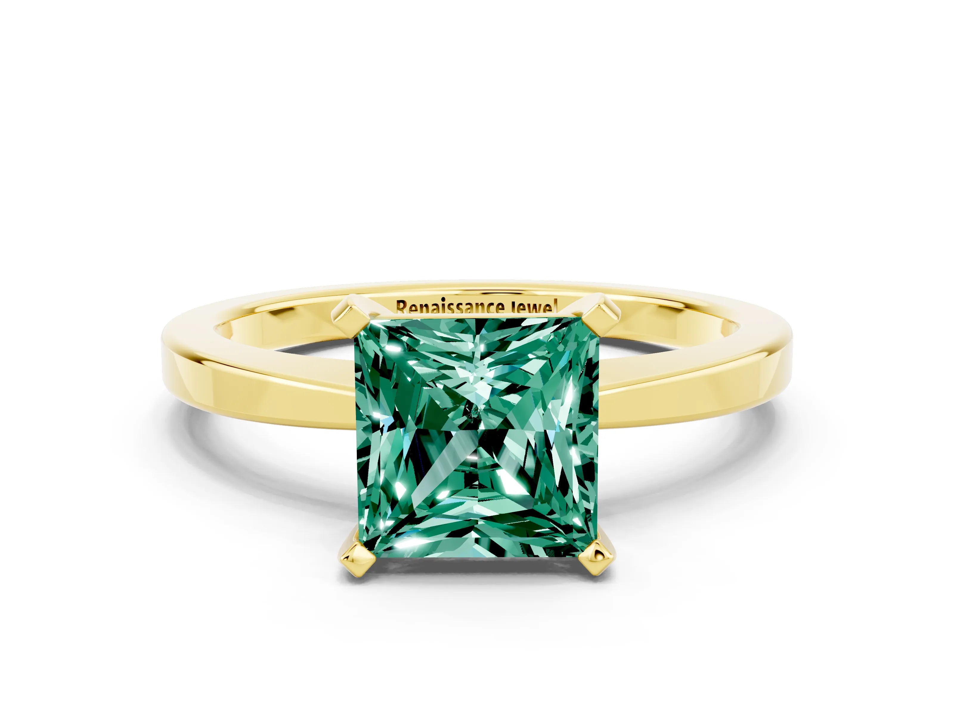Yellow gold Princess Cut Green Sapphire Solitaire Engagement Ring with Classic Band and Four-Prong Setting_24