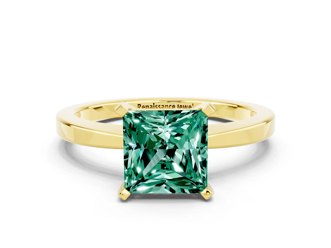 Yellow gold Princess Cut Green Sapphire Solitaire Engagement Ring with Classic Band and Four-Prong Setting_24
