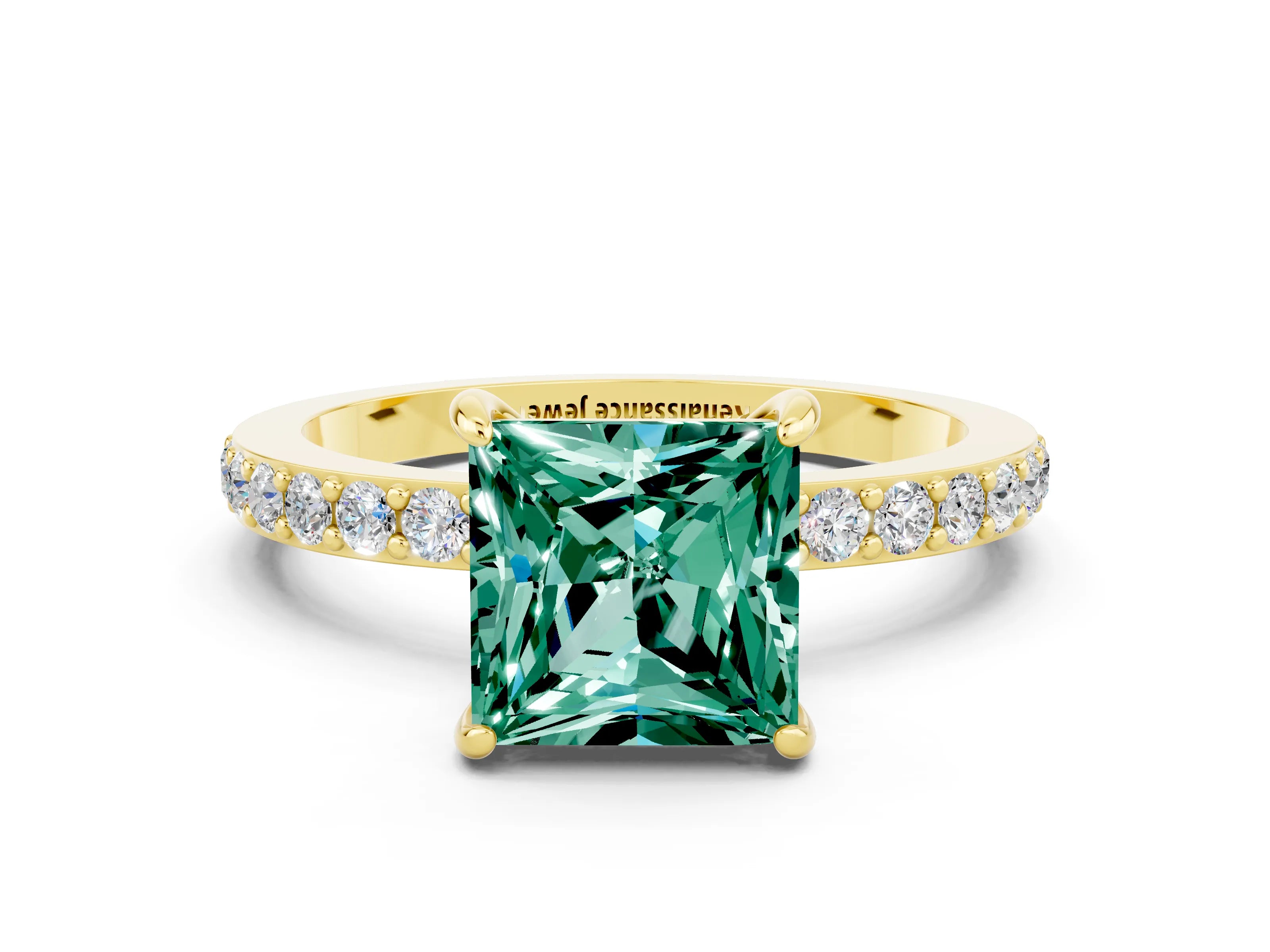 Yellow gold Princess Cut Green Sapphire Solitaire Engagement Ring with Pavé Band and Four-Prong Setting