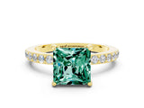 Yellow gold Princess Cut Green Sapphire Solitaire Engagement Ring with Pavé Band and Four-Prong Setting
