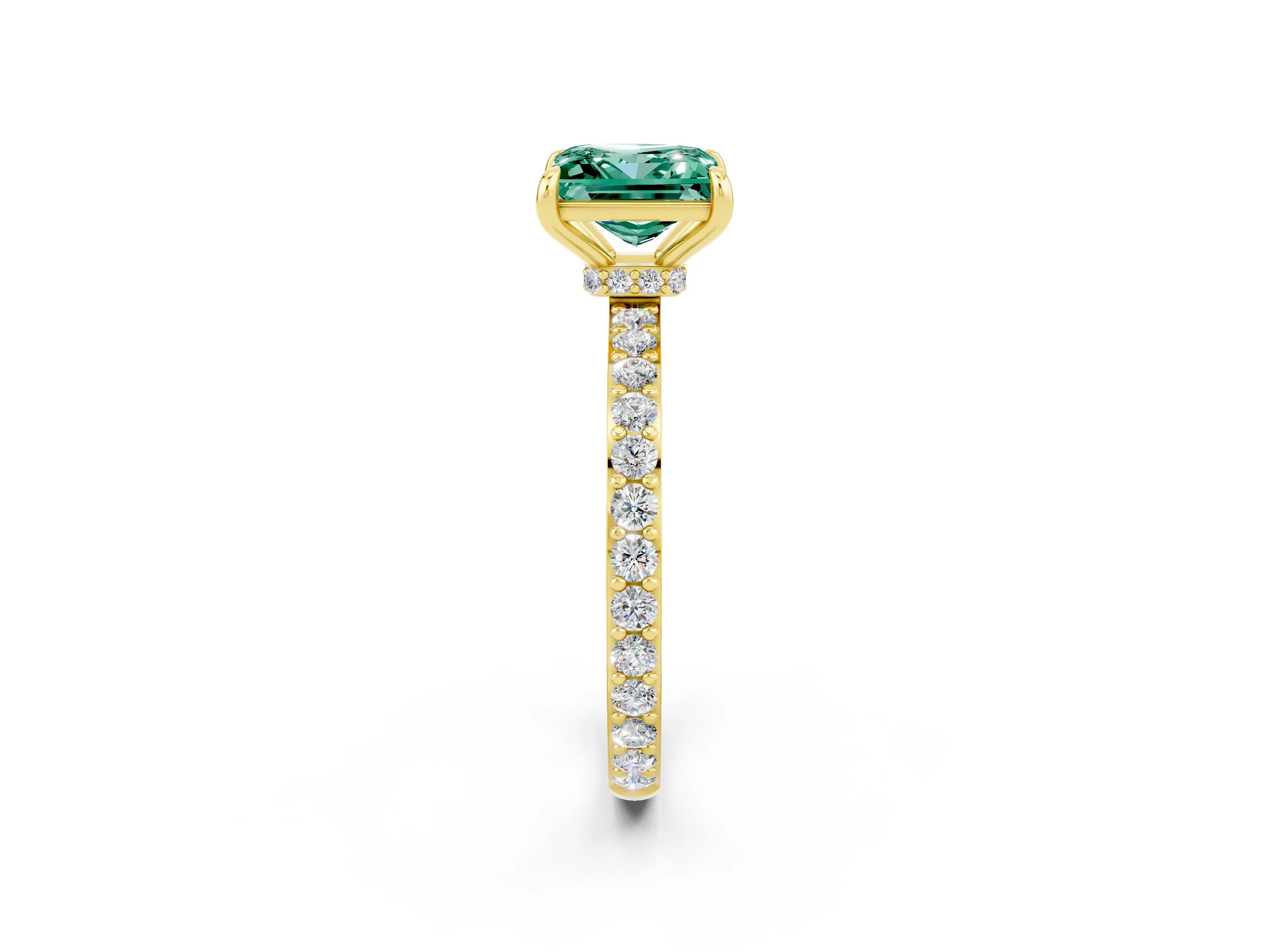 Yellow gold Princess Cut Green Sapphire Solitaire Engagement Ring with Pavé Band and Four-Prong Setting_2