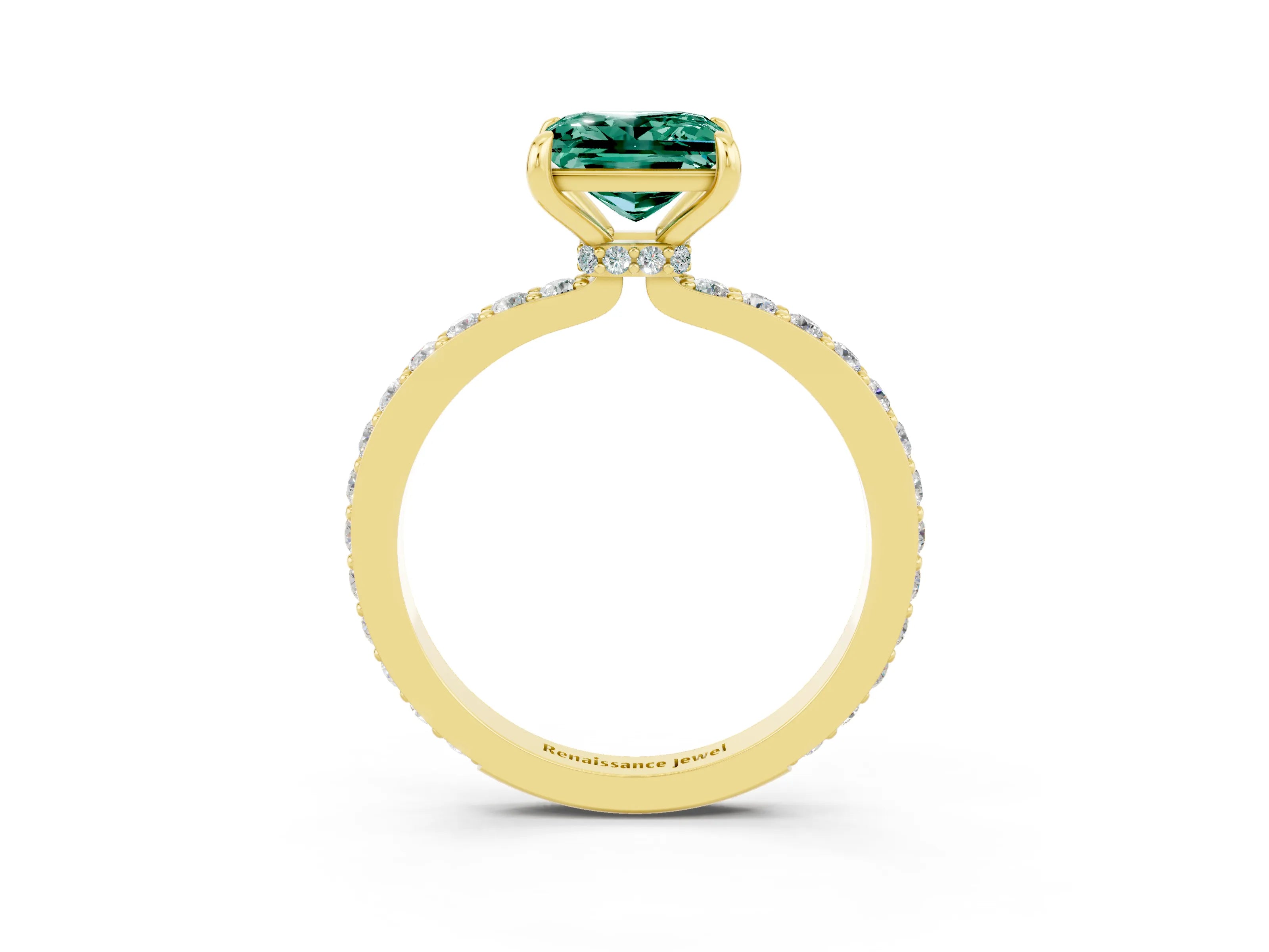 Yellow gold Princess Cut Green Sapphire Solitaire Engagement Ring with Pavé Band and Four-Prong Setting_3