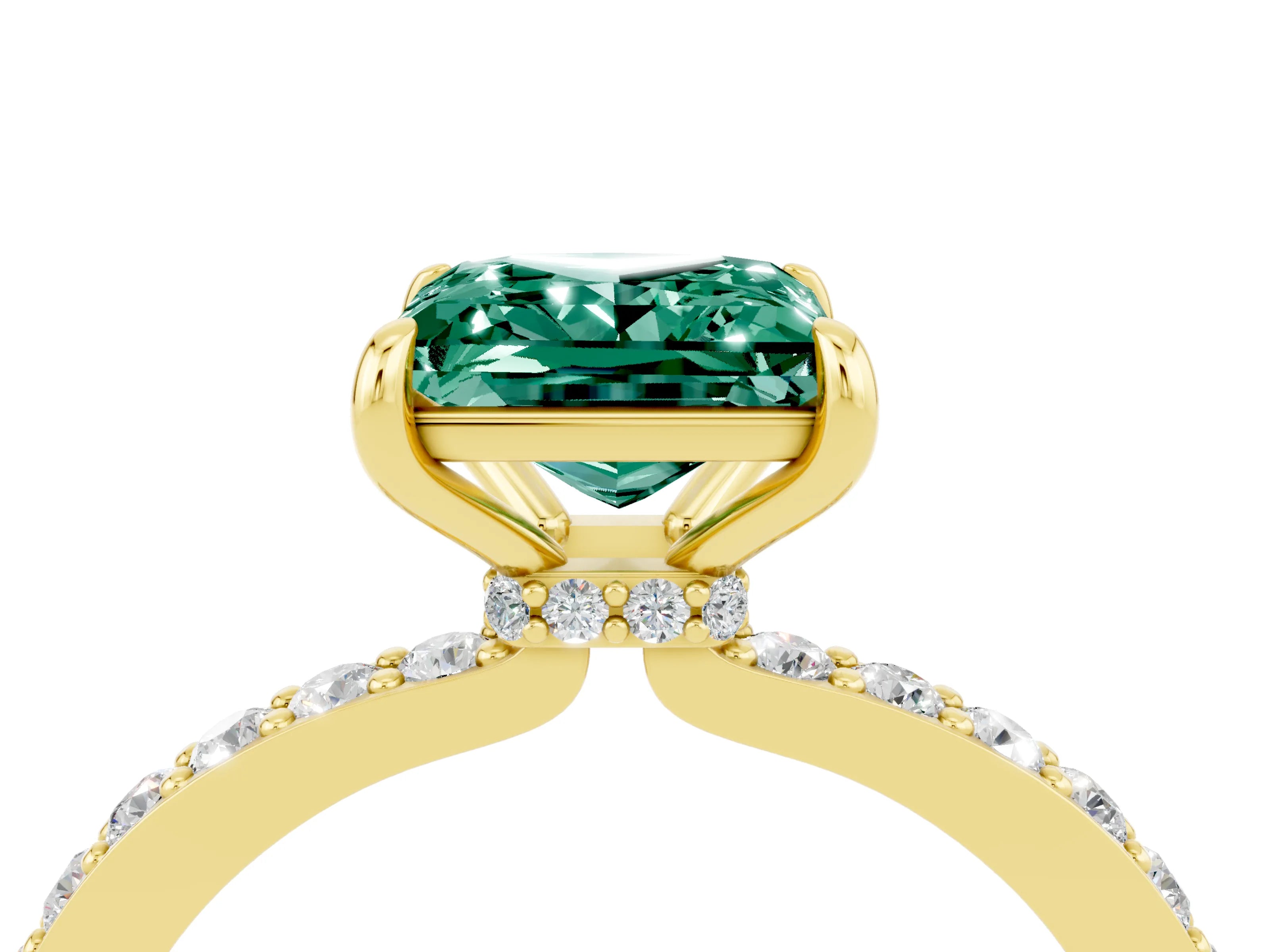 Yellow gold Princess Cut Green Sapphire Solitaire Engagement Ring with Pavé Band and Four-Prong Setting_4