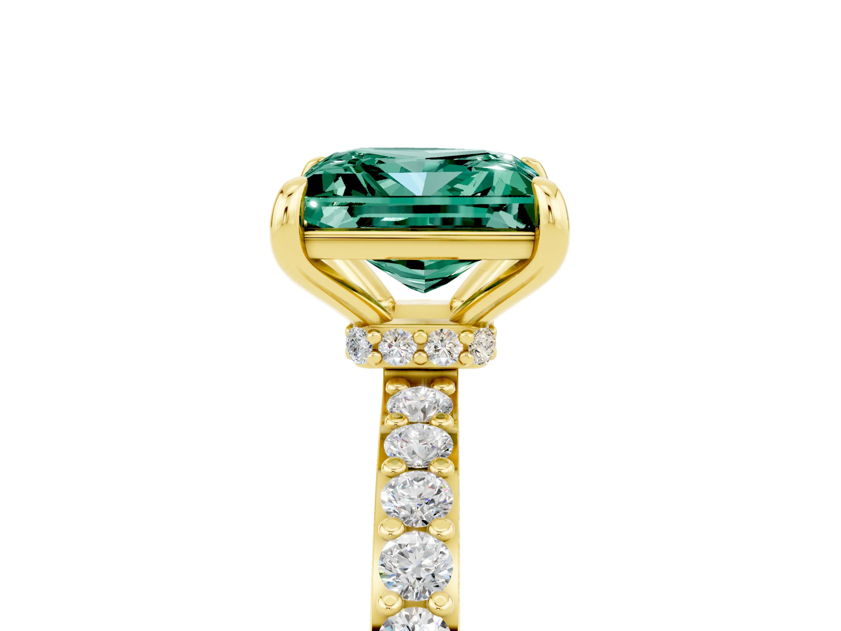 Yellow gold Princess Cut Green Sapphire Solitaire Engagement Ring with Pavé Band and Four-Prong Setting_5