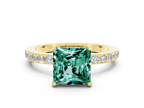 Yellow gold Princess Cut Green Sapphire Solitaire Engagement Ring with Pavé Band and Four-Prong Setting