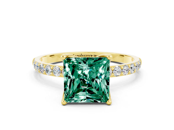 Yellow gold Princess Cut Green Sapphire Solitaire Engagement Ring with Round  Pavé Band and Prong Setting