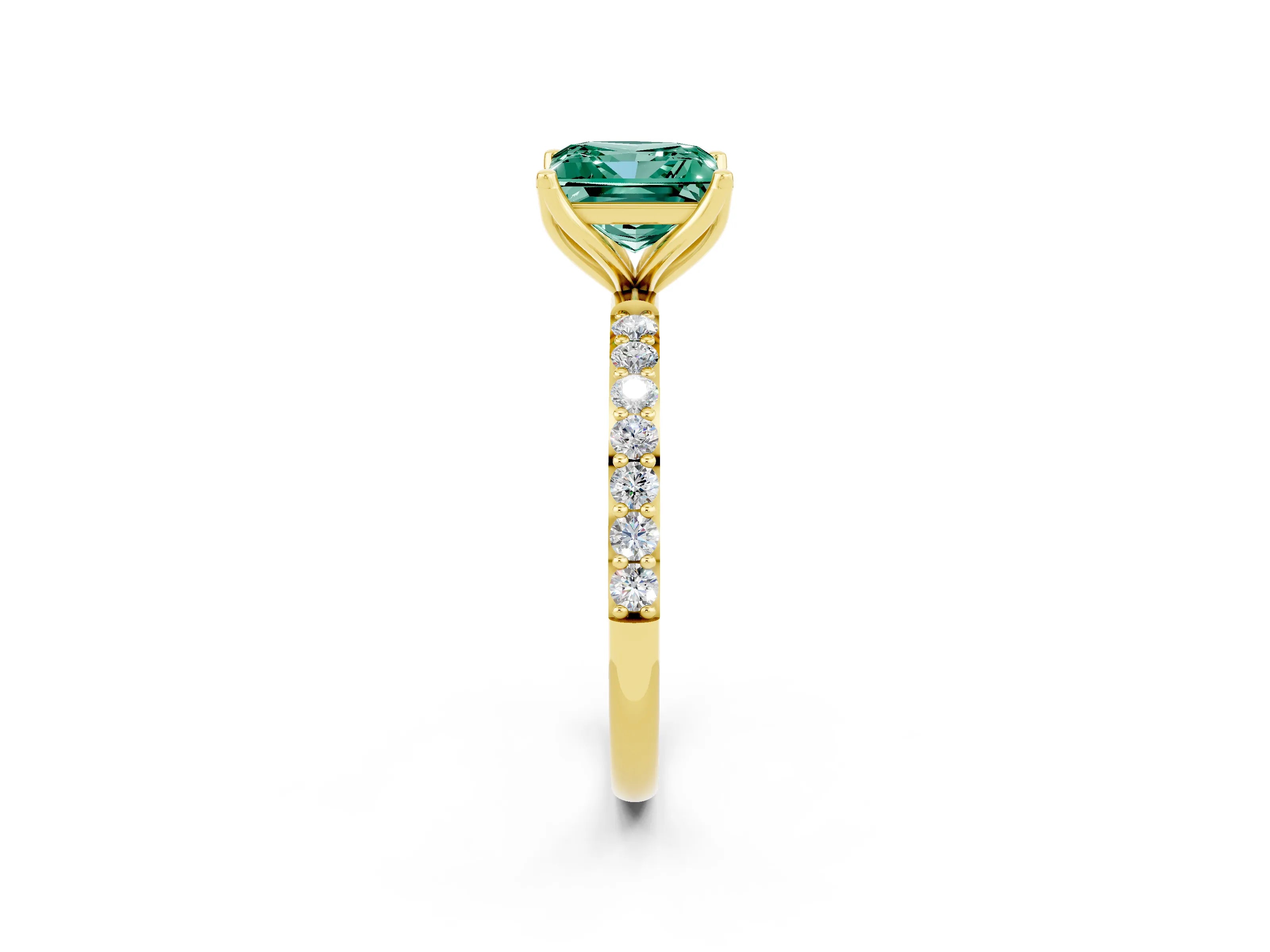 Yellow gold Princess Cut Green Sapphire Solitaire Engagement Ring with Pavé Band and Prong Setting_2