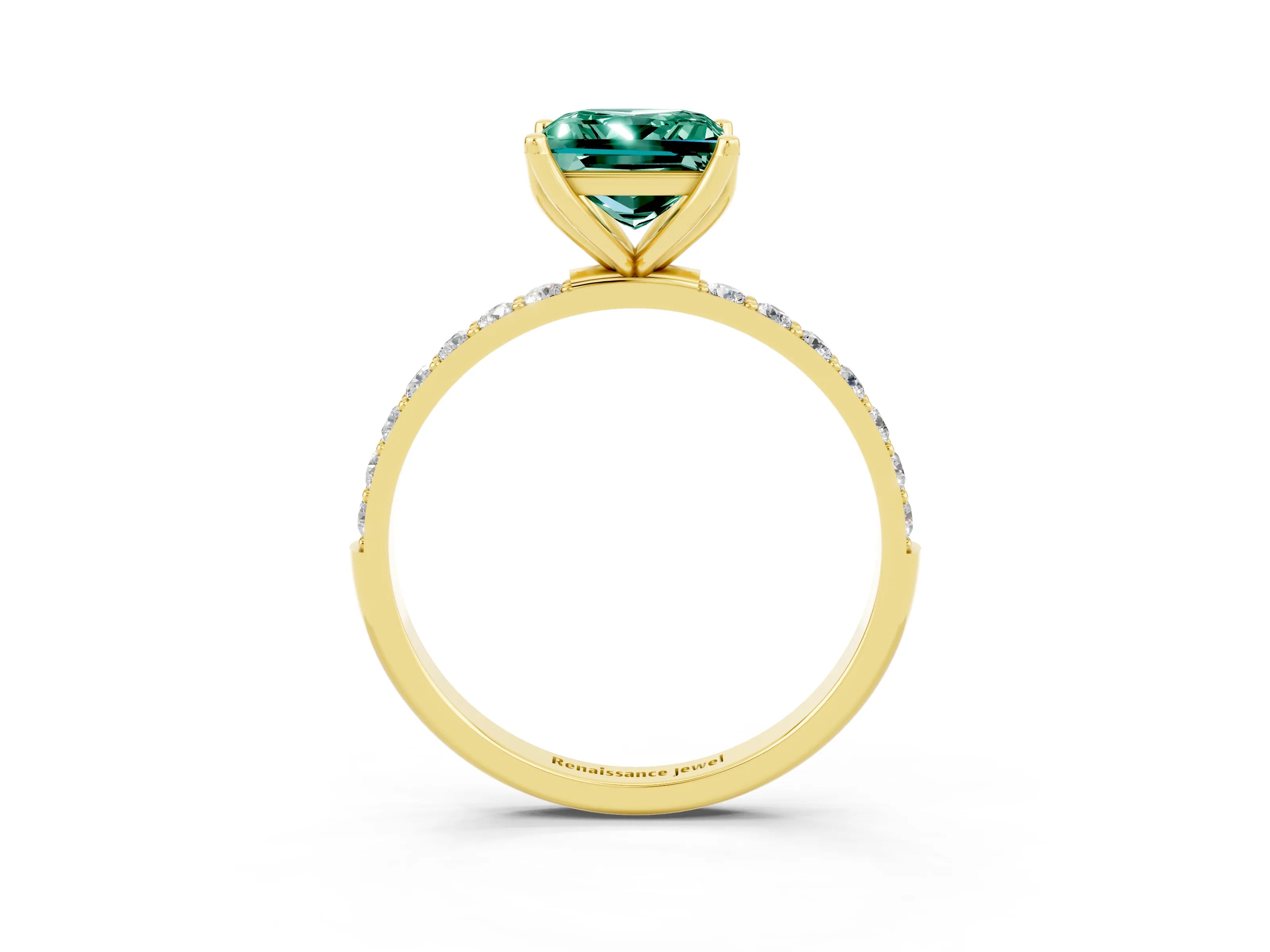 Yellow gold Princess Cut Green Sapphire Solitaire Engagement Ring with Pavé Band and Prong Setting_3