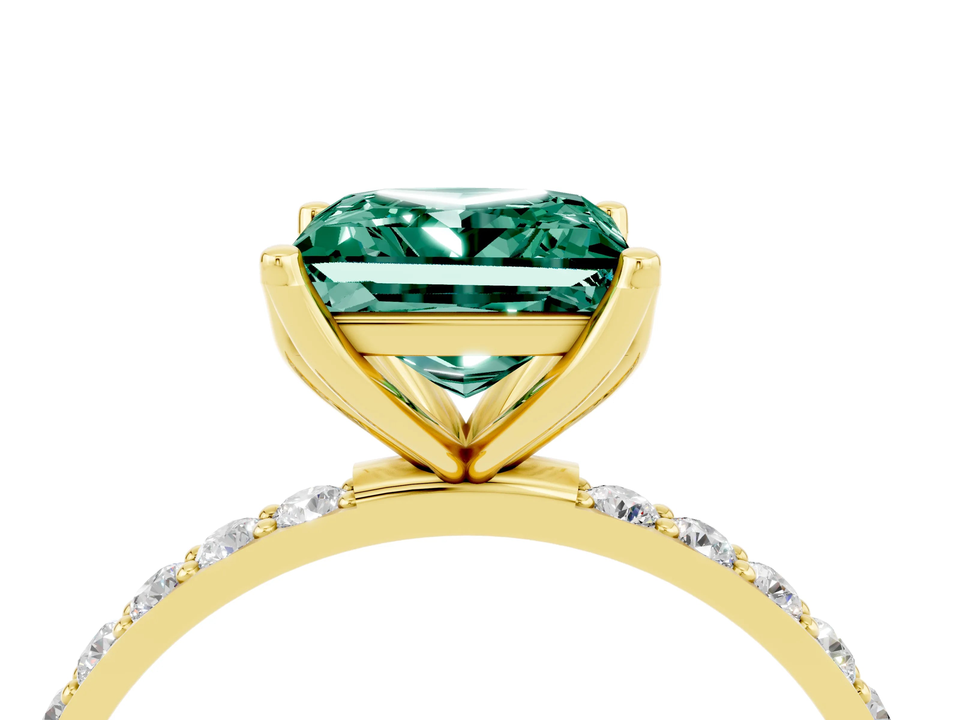 Yellow gold Princess Cut Green Sapphire Solitaire Engagement Ring with Pavé Band and Prong Setting_4