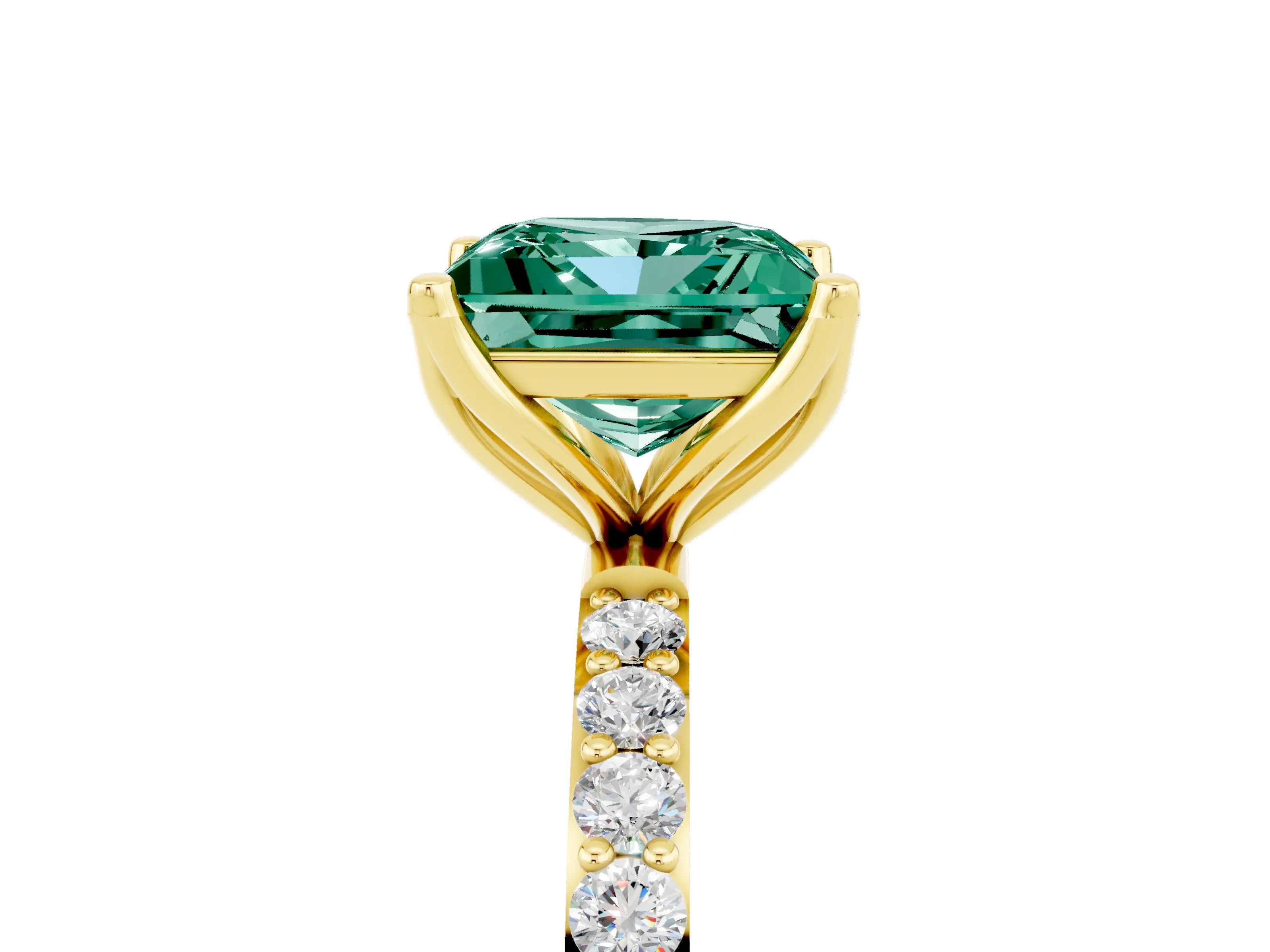 Yellow gold Princess Cut Green Sapphire Solitaire Engagement Ring with Pavé Band and Prong Setting_5